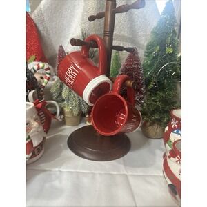 Set of 2 Holiday Coffee Mugs Merry & Jolly Christmas Red